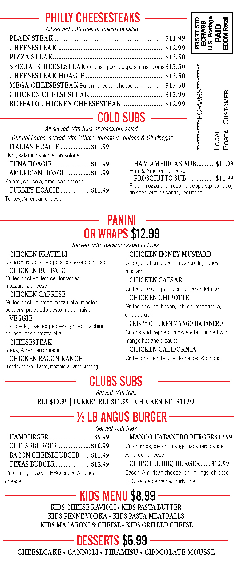 Cheesesteaks - Wraps - Paninis - Kids & Desserts